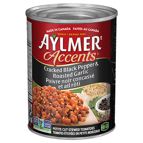 Aylmer® Accents® Cracked Black Pepper & Roasted Garlic Petite Cut Stewed Tomatoes