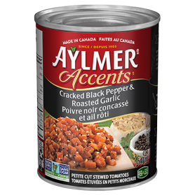 Aylmer® Accents® Cracked Black Pepper & Roasted Garlic Petite Cut Stewed Tomatoes
